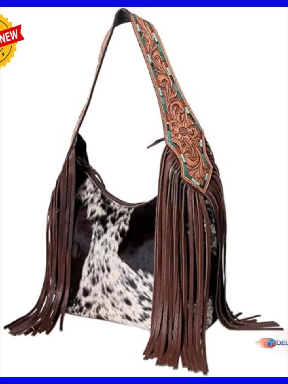 Western Hobo Leather Handbag with Fringe, Removable Strap, 10x17.5x5.5in